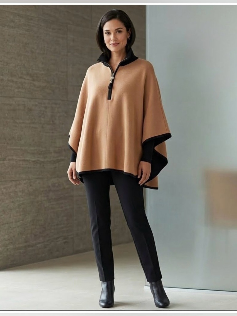 Anne Klein Colorblock Zip Front Poncho Cape Jacket Tan Black Size L